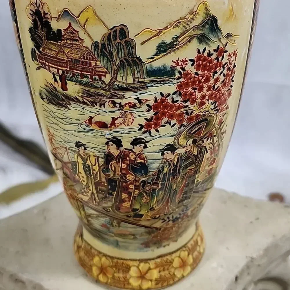Hand Painted Japanese Water and Mountain Scene Vase Urn